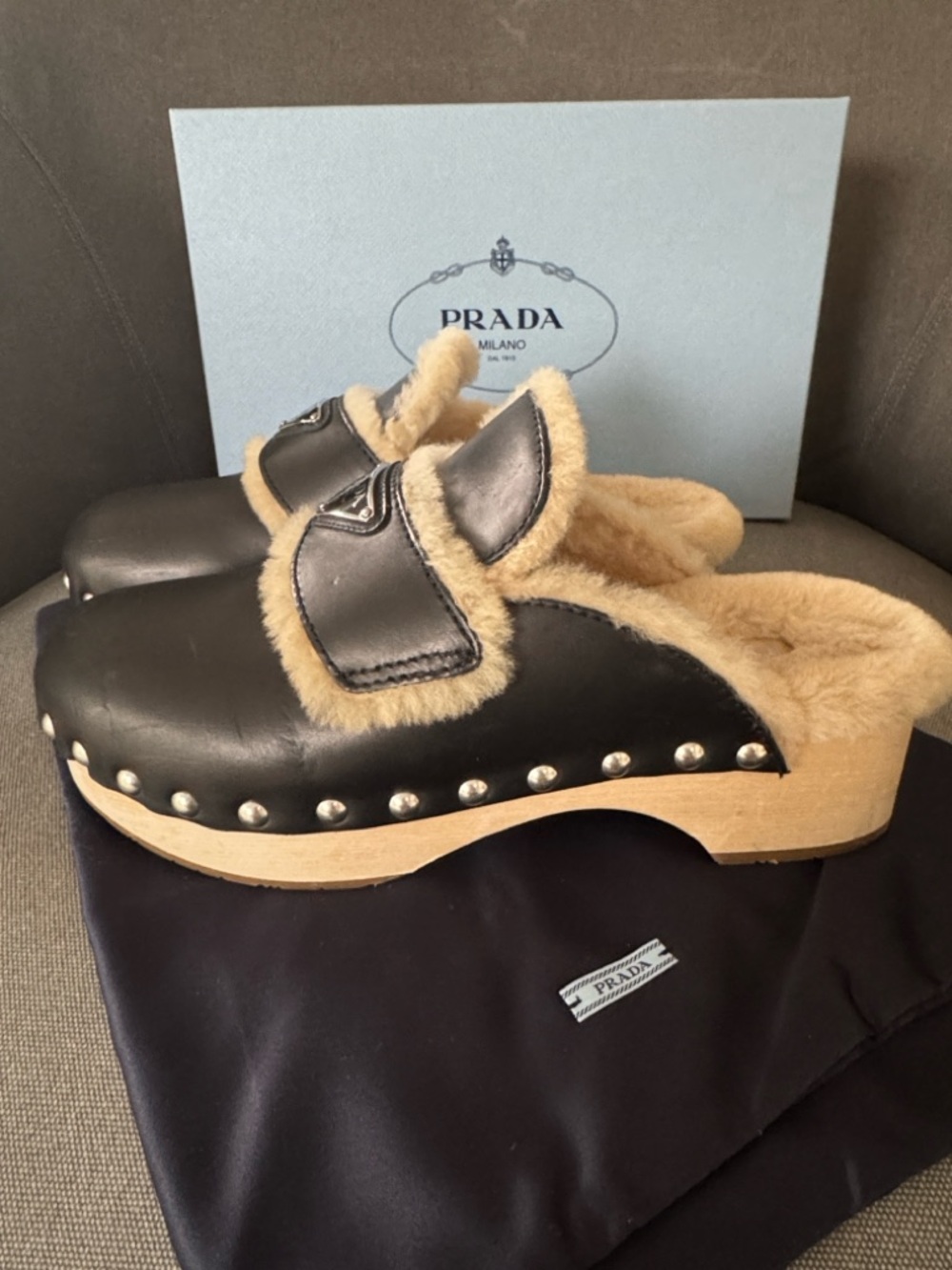 Prada logo Black Leather Stud Shearling Lined Clog, 45mm - Picture 3 of 10